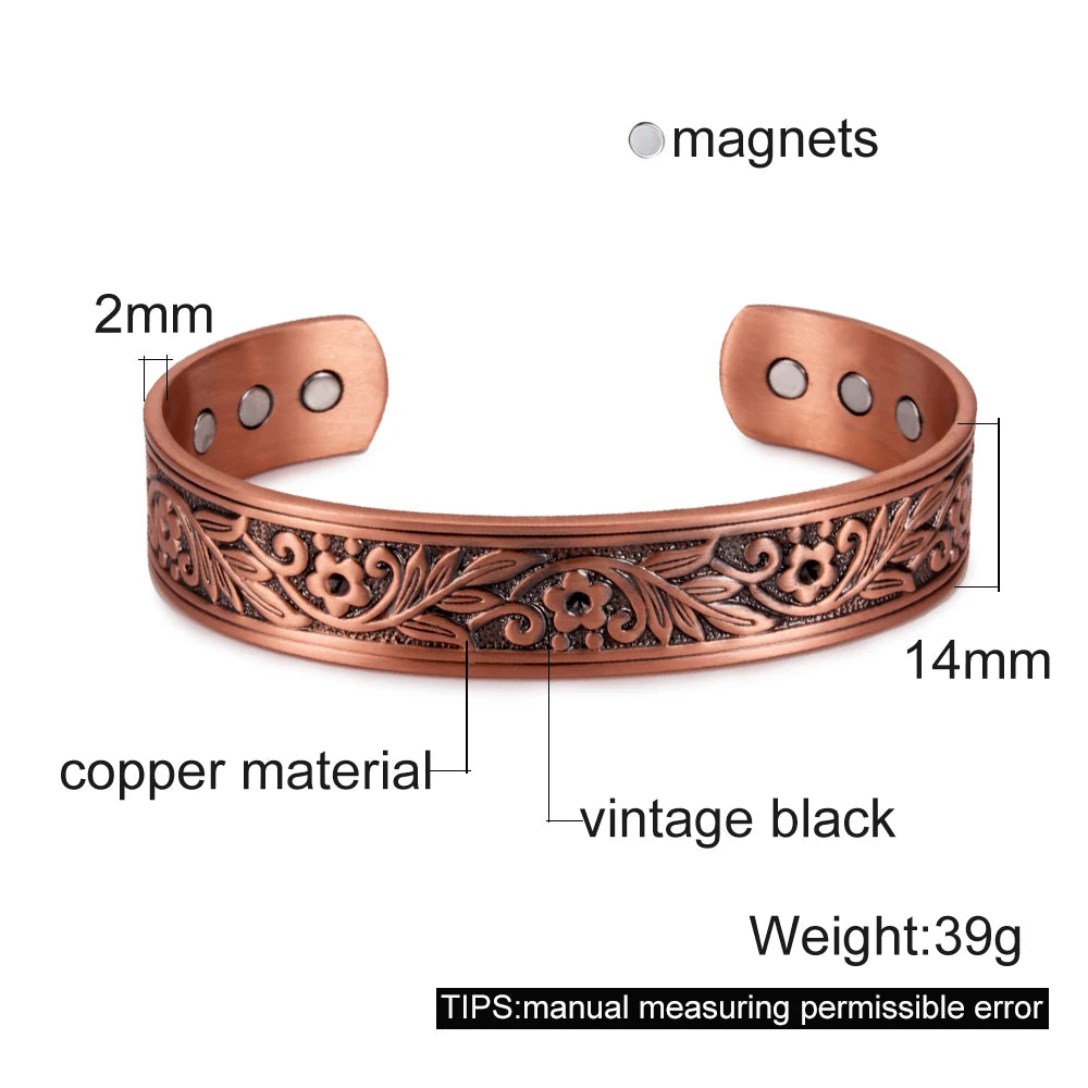 Vinterly Pure Copper Bracelet Men Magnetic Vintage Adjustable High Magnet Open C