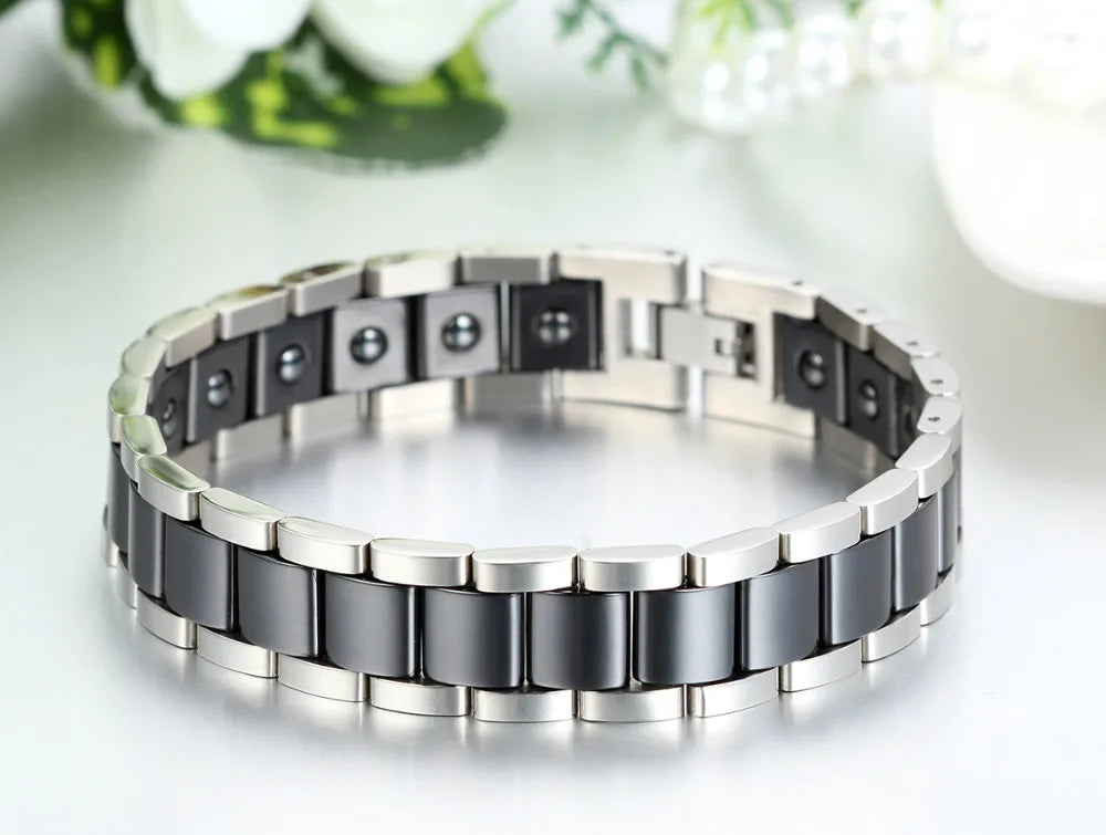 Black/White Ceramic Bracelet Magnetic Stone Therapy Health Stainless Steel Brace