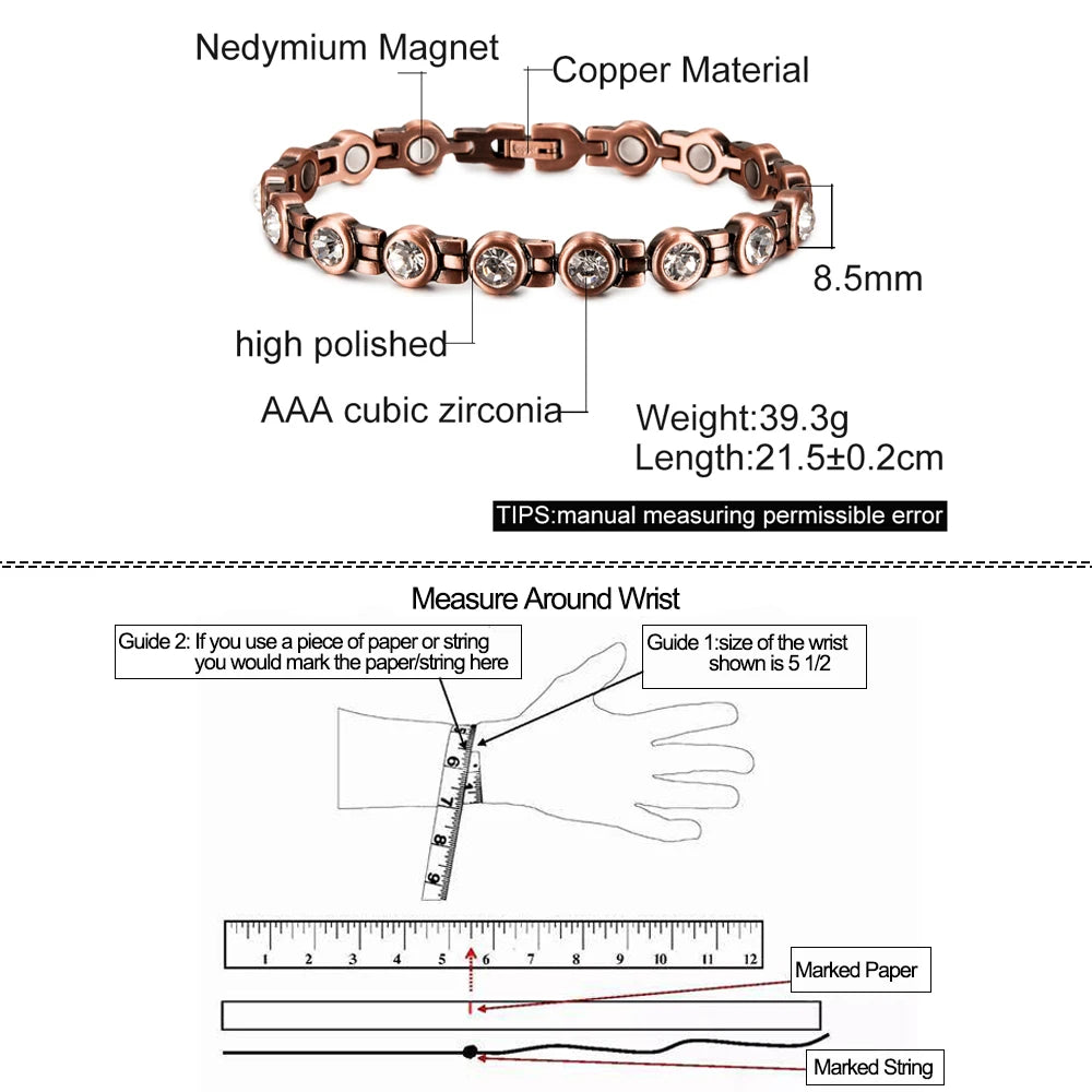 Pure Copper Magnetic Bracelet Arthritis 21.5cm White Crystals Copper Bracelets f