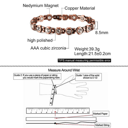 Pure Copper Magnetic Bracelet Arthritis 21.5cm White Crystals Copper Bracelets f