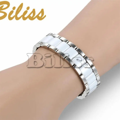 Black/White Ceramic Bracelet Magnetic Stone Therapy Health Stainless Steel Brace