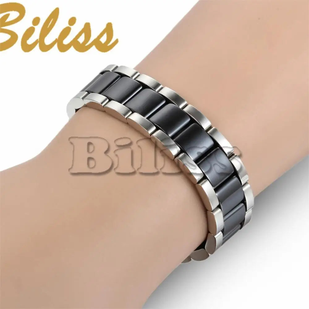 Black/White Ceramic Bracelet Magnetic Stone Therapy Health Stainless Steel Brace