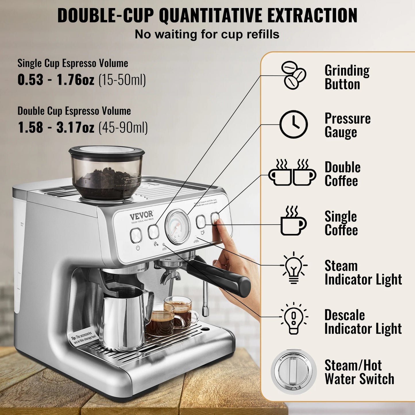 Espresso Machine with Grinder 15 Bar Semi-Automatic Espresso Coffee Maker with Milk Frother Steam Wand