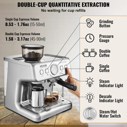 Espresso Machine with Grinder 15 Bar Semi-Automatic Espresso Coffee Maker with Milk Frother Steam Wand