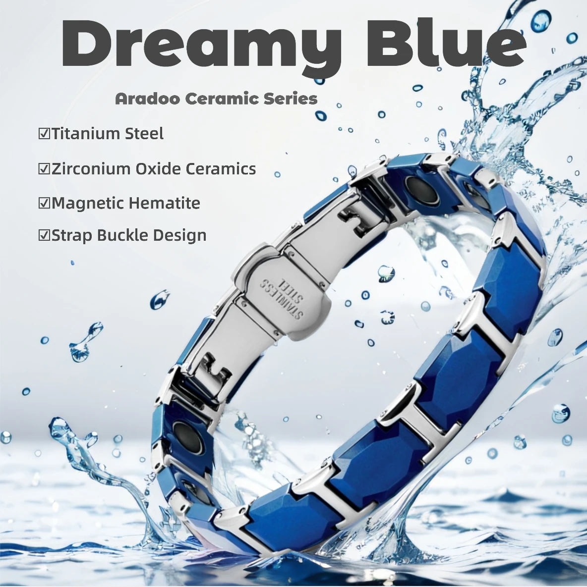 ARADOO Classic Dreamy Blue Ceramic Titanium Steel Bracelets Strap Buckle Design