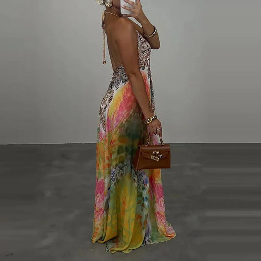 Casual High Waist Evening Party Dress Sexy V-neck Backless Sleeveless Vacation Robes Elegant Bohemian Printed Women Loose Dress