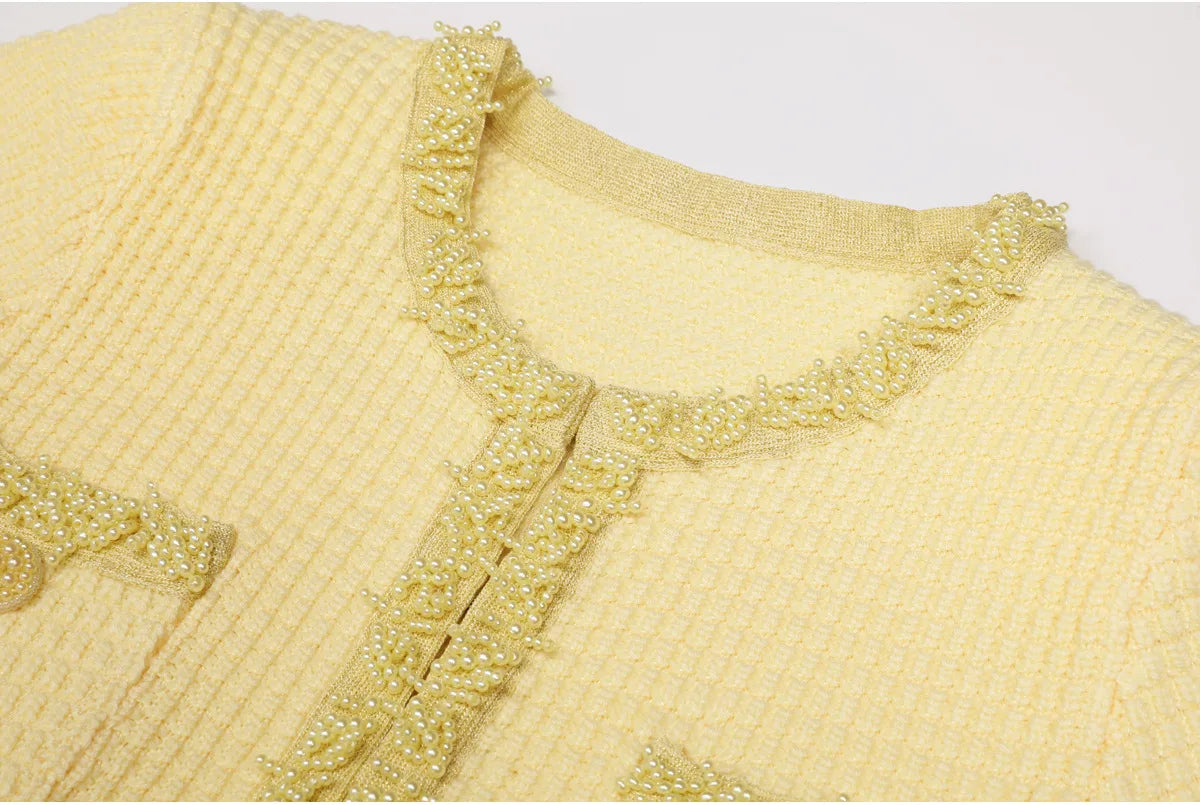 Autumn New High-End Fashion Knitted Beaded Slim Long Sleeve Dress Heavy Round Ne