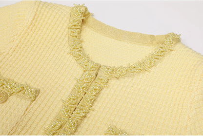 Autumn New High-End Fashion Knitted Beaded Slim Long Sleeve Dress Heavy Round Ne
