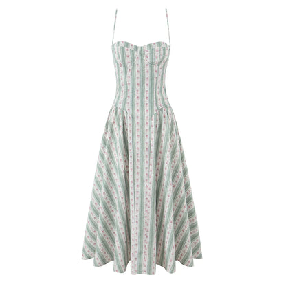 YENKYE Green Striped Floral Print Sexy Spaghetti Straps Dresses Women Elegant A-line Midi Vacation Party Dresses Summer Robe