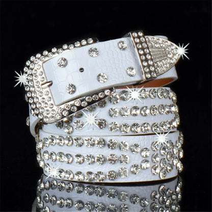 Fashion Leather Belts Men and Women Unisex Rhinestone Luxury Belts Casual Wide Buckle Punk Belts Crystal Bling Jeans Waistband