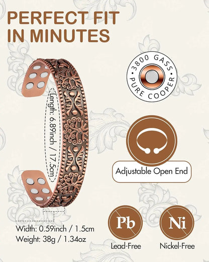 ARADOO Pure Copper Bracelet for Men Women Sophisticated Pattern Design Cuff Bang