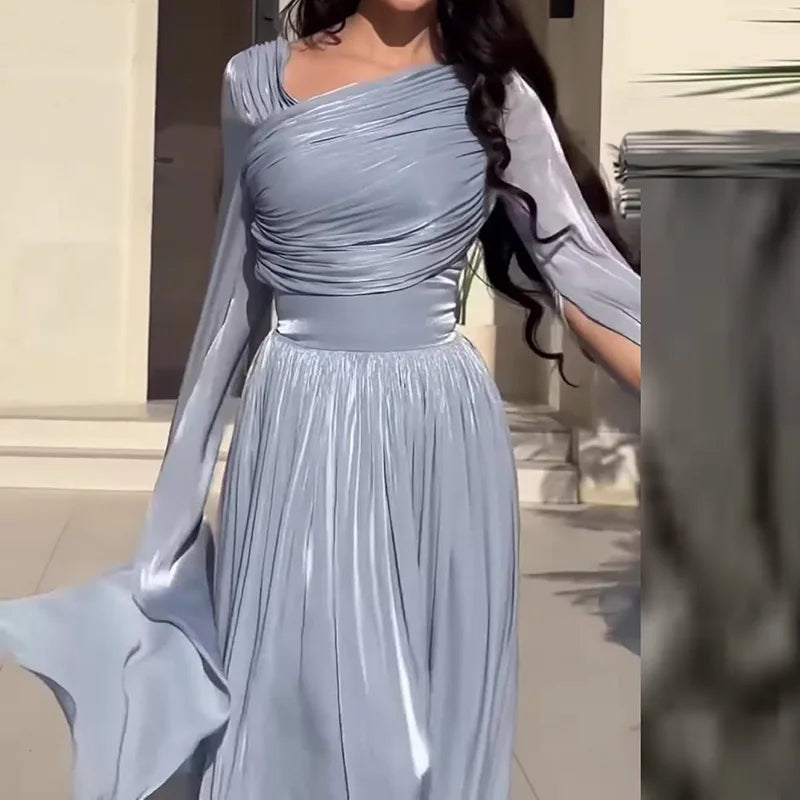 Elegant Slant Shoulder Draped Gowns Dress Casual Split Long Sleeve Solid Party Dress Women Fashion Hight Waist Slim Long Dress