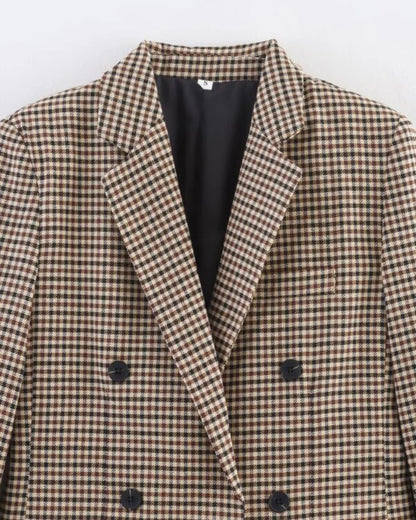 Women's Plaid Blazer Spring Casual Double Breasted Suit Jacket Office Work Daily Outwear Two Colors