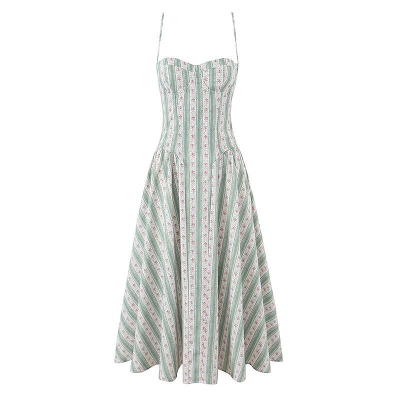 YENKYE Green Striped Floral Print Sexy Spaghetti Straps Dresses Women Elegant A-line Midi Vacation Party Dresses Summer Robe
