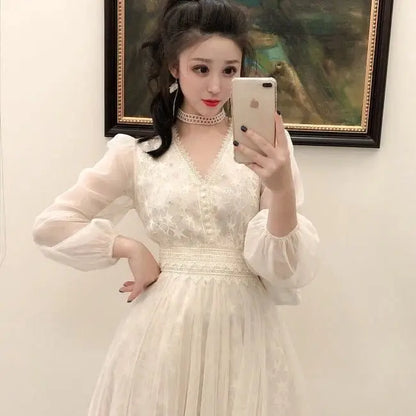Autumn New Korean Edition Fairy Style Dress Women's Solid V-neck Button Gauze Lace Long Sleeves Wrap Waist Slim A-line Dresses
