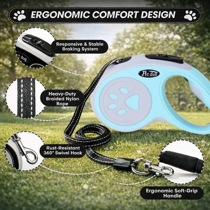 1Pc Blue Retractable Dog Leash with 360° Tangle-Free Design, 16 ft Durable Nylon Tape, One-Handed Brake, Pause & Lock