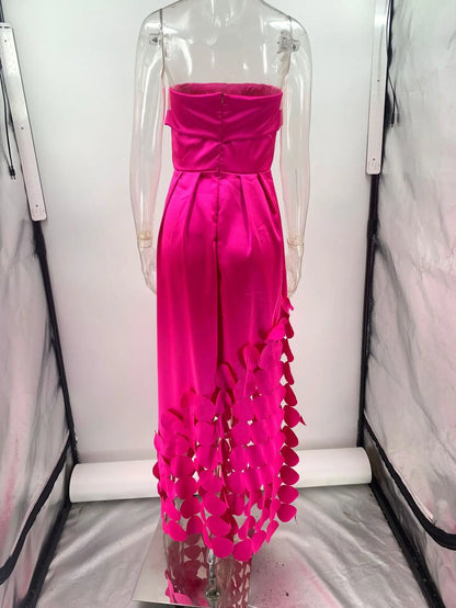 European and American Fashion Strapless, High-waisted Evening Gown, Women Design Sense Stitching Wafer Satin Sexy Dress Vestidos