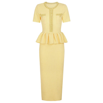 Autumn New High-End Fashion Knitted Beaded Slim Long Sleeve Dress Heavy Round Ne