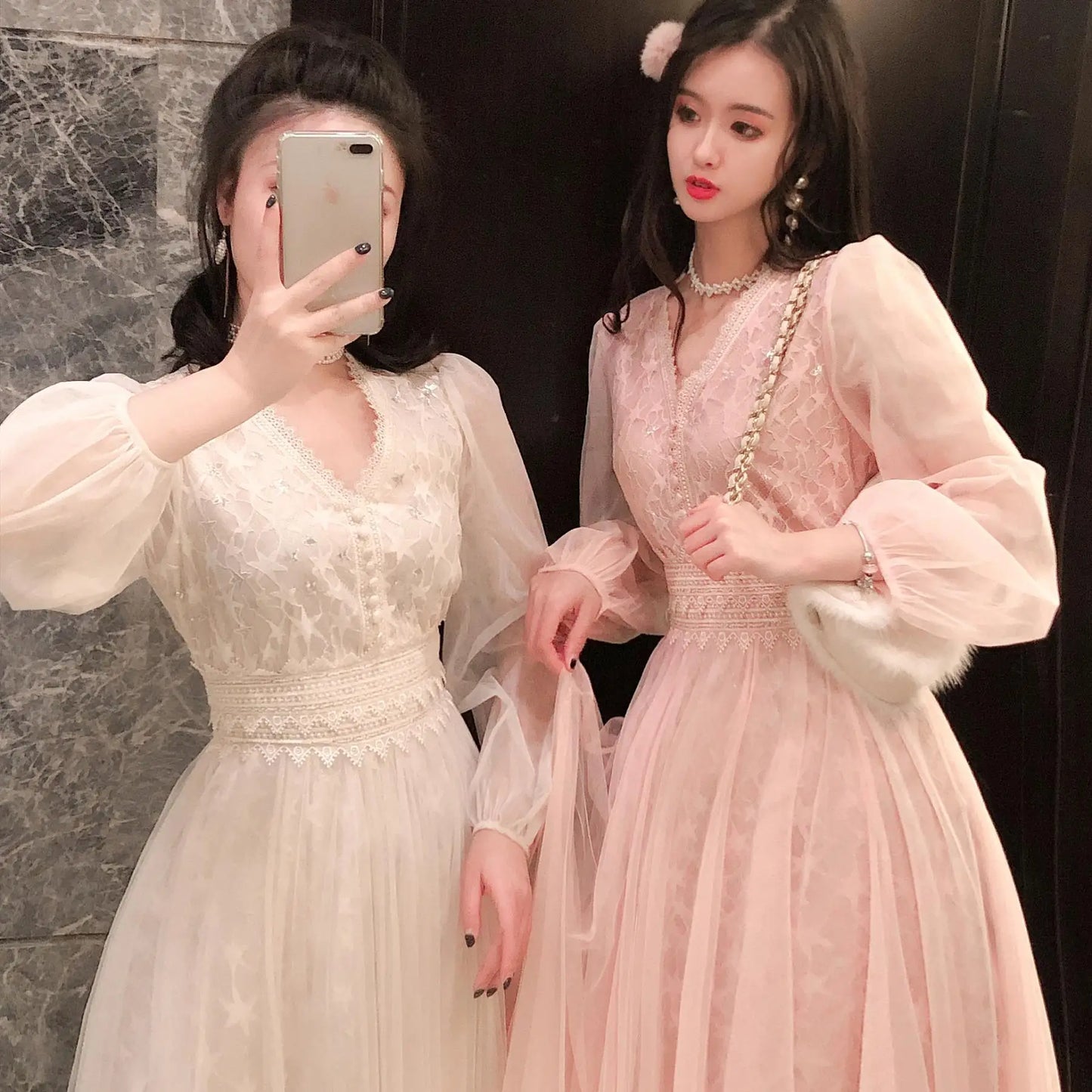 Autumn New Korean Edition Fairy Style Dress Women's Solid V-neck Button Gauze Lace Long Sleeves Wrap Waist Slim A-line Dresses