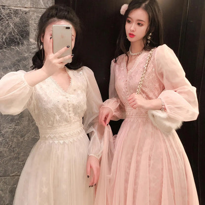 Autumn New Korean Edition Fairy Style Dress Women's Solid V-neck Button Gauze Lace Long Sleeves Wrap Waist Slim A-line Dresses