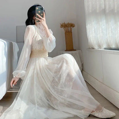 Autumn New Korean Edition Fairy Style Dress Women's Solid V-neck Button Gauze Lace Long Sleeves Wrap Waist Slim A-line Dresses