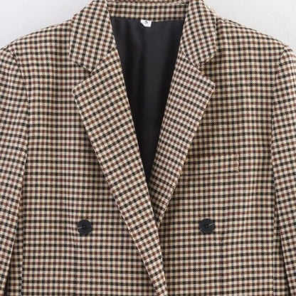 Women's Plaid Blazer Spring Casual Double Breasted Suit Jacket Office Work Daily Outwear Two Colors