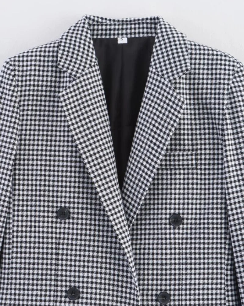 Women's Plaid Blazer Spring Casual Double Breasted Suit Jacket Office Work Daily Outwear Two Colors