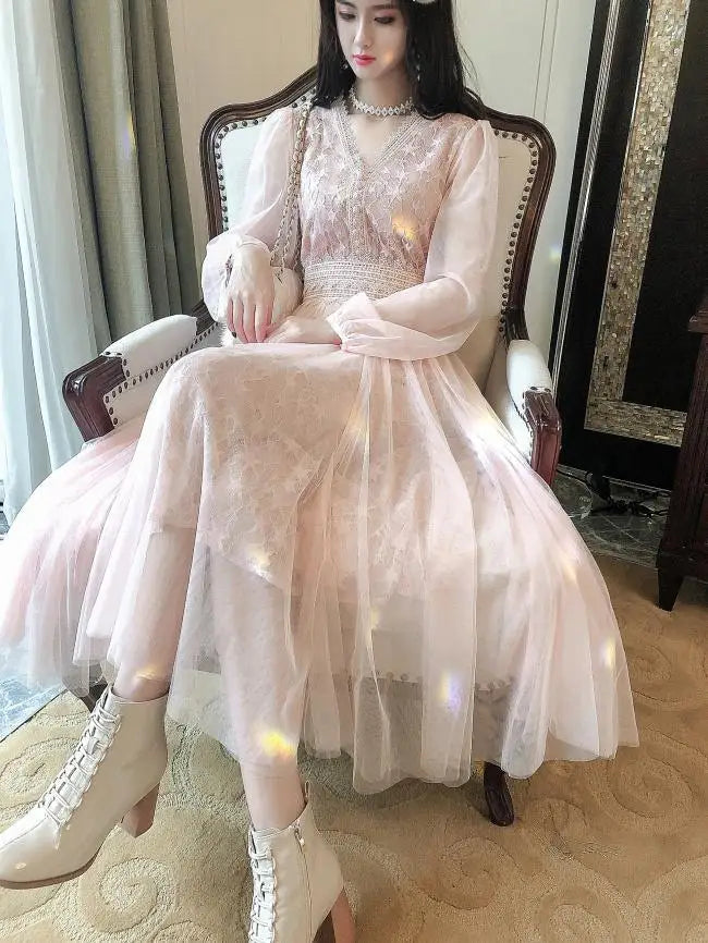 Autumn New Korean Edition Fairy Style Dress Women's Solid V-neck Button Gauze Lace Long Sleeves Wrap Waist Slim A-line Dresses