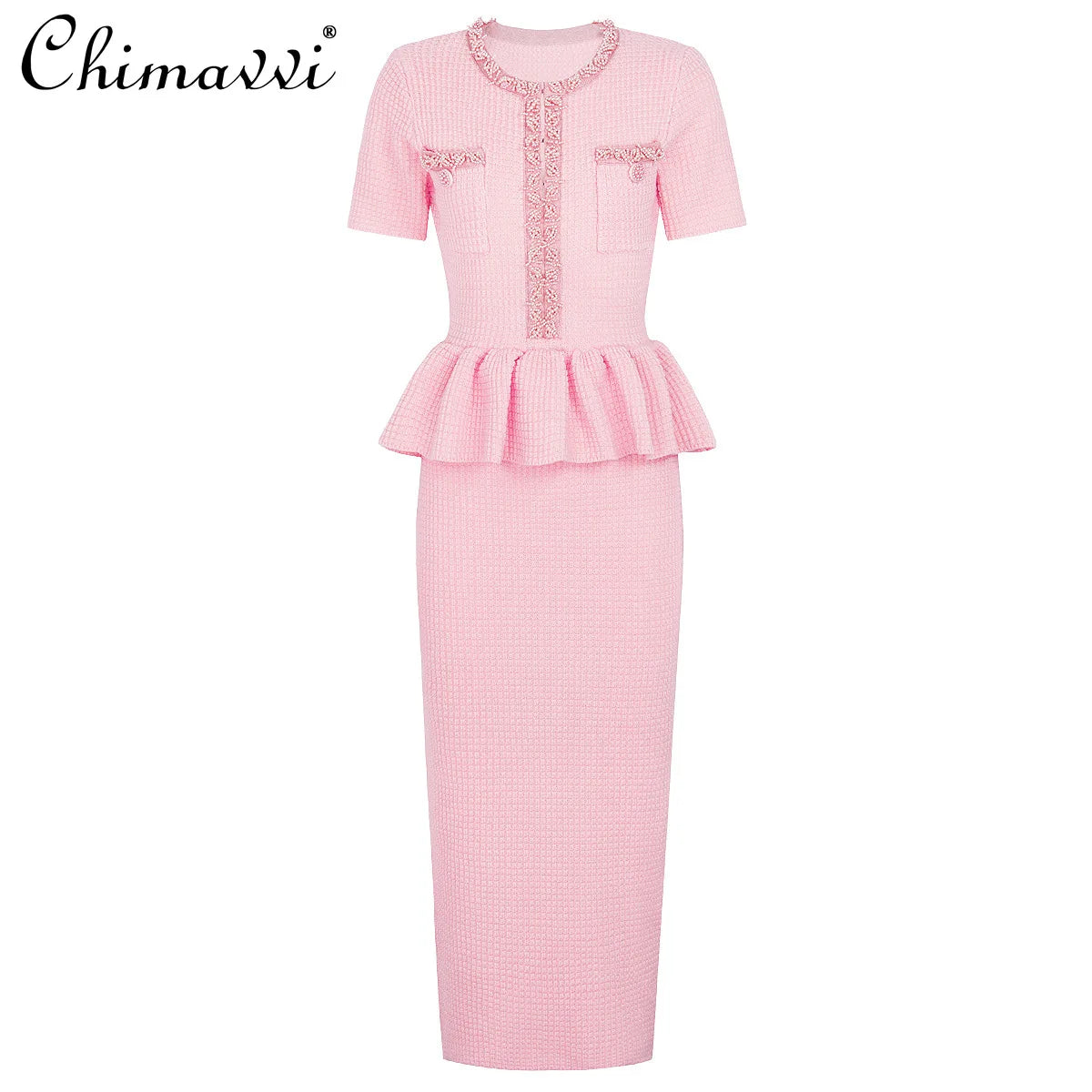 Autumn New High-End Fashion Knitted Beaded Slim Long Sleeve Dress Heavy Round Ne