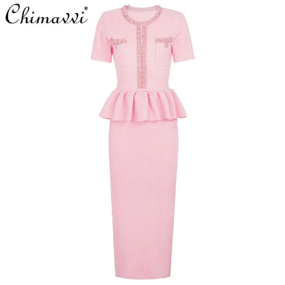 Autumn New High-End Fashion Knitted Beaded Slim Long Sleeve Dress Heavy Round Ne