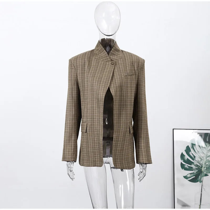 Vintage Plaid Women's Blazer Coat Stand Neck One Button Pocket Suit Jackets Fema