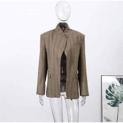 Vintage Plaid Women's Blazer Coat Stand Neck One Button Pocket Suit Jackets Fema