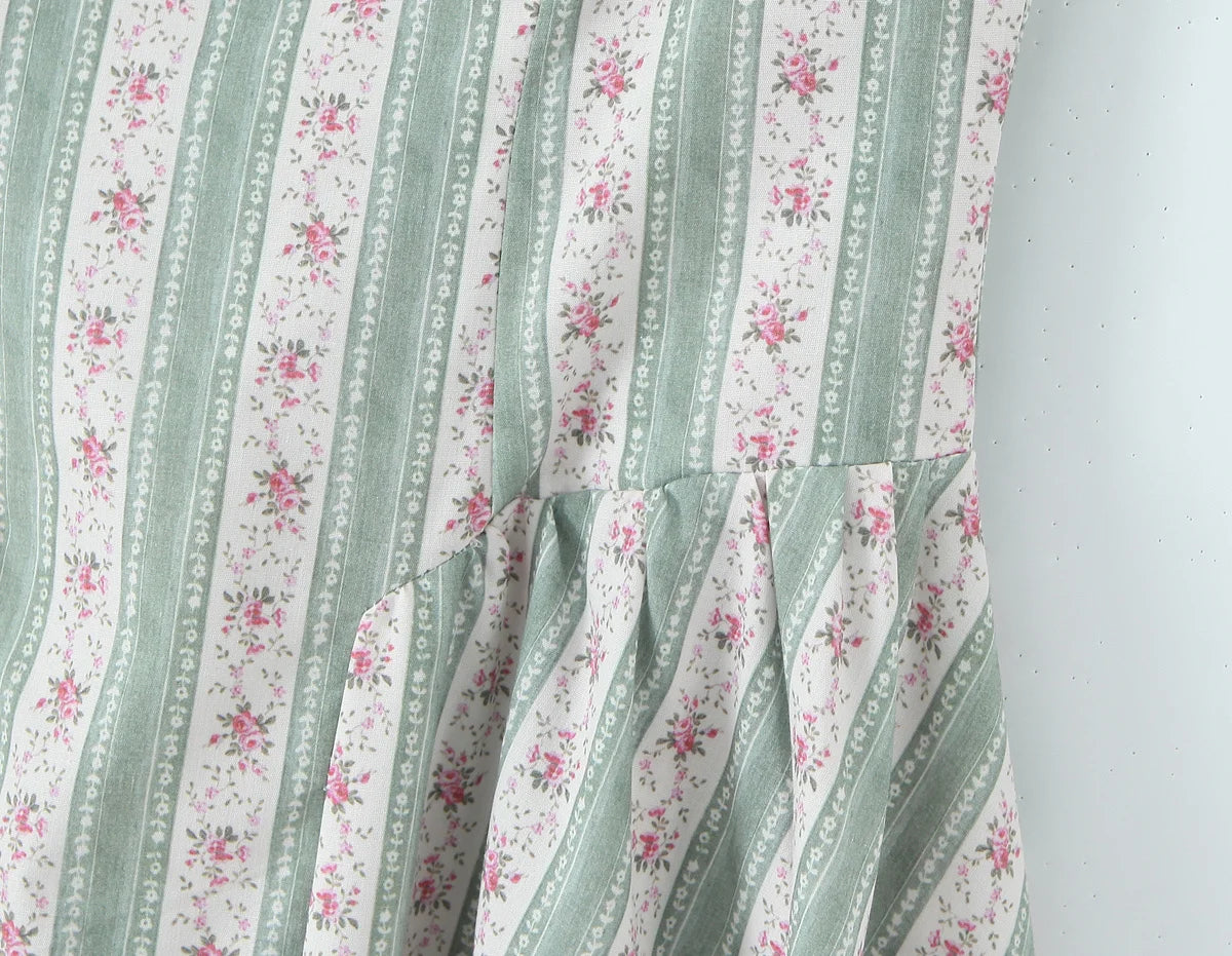 YENKYE Green Striped Floral Print Sexy Spaghetti Straps Dresses Women Elegant A-line Midi Vacation Party Dresses Summer Robe