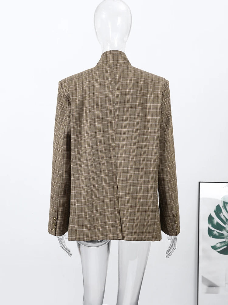 Vintage Plaid Women's Blazer Coat Stand Neck One Button Pocket Suit Jackets Fema
