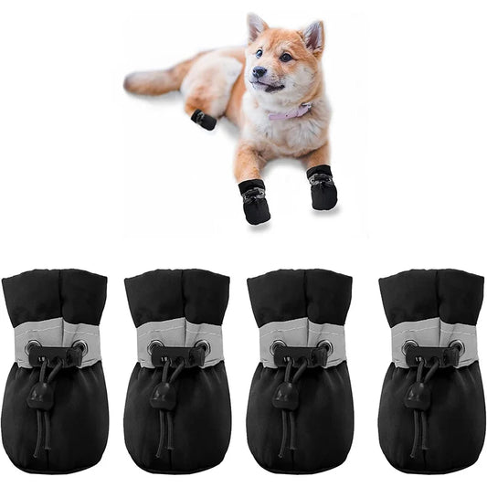 4Pcs Reflective Dog Shoes Waterproof Non-slip Adjustable Drawstring Pet Boots Soft Lining for Small Dogs Outdoor