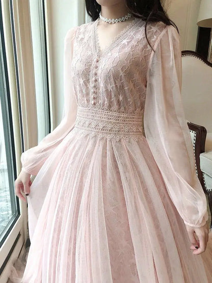 Autumn New Korean Edition Fairy Style Dress Women's Solid V-neck Button Gauze Lace Long Sleeves Wrap Waist Slim A-line Dresses