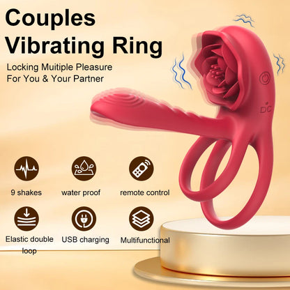 Rose Penis Ring Vibrator Female G-spot Clitoral Stimulation Male Ejaculation Delay Silicone CockRing Adult Sex Toy for Couples