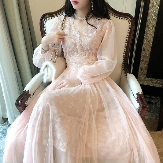 Autumn New Korean Edition Fairy Style Dress Women's Solid V-neck Button Gauze Lace Long Sleeves Wrap Waist Slim A-line Dresses