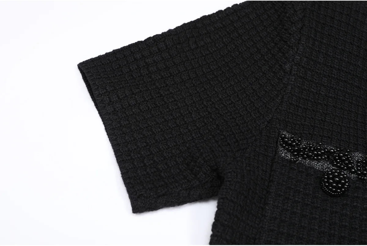 Autumn New High-End Fashion Knitted Beaded Slim Long Sleeve Dress Heavy Round Ne