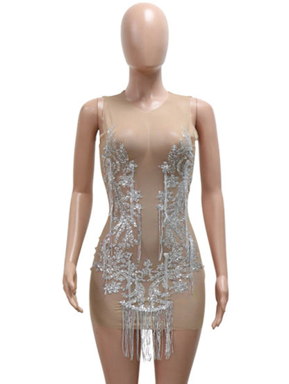 Sexy see through mesh mini sequin summer dress women elegant bodycon club birth