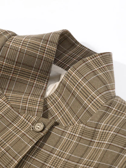 Vintage Plaid Women's Blazer Coat Stand Neck One Button Pocket Suit Jackets Fema