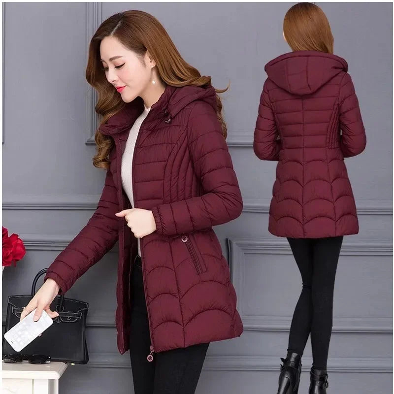 Winter Coat Women 2026 Fashion Middle Age Mother Slim Down Cotton Hooded Jacket Plus Size Casual Solid Warm Thick Outwear Parka