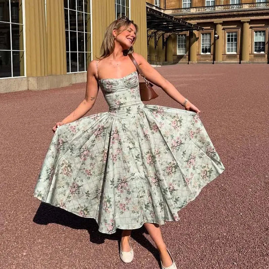YENKYE Green Floral Print Sexy Spaghetti Straps Dress Women Low Waist A-line Midi Holiday Summer Dresses Party Robe 2025 Vestido