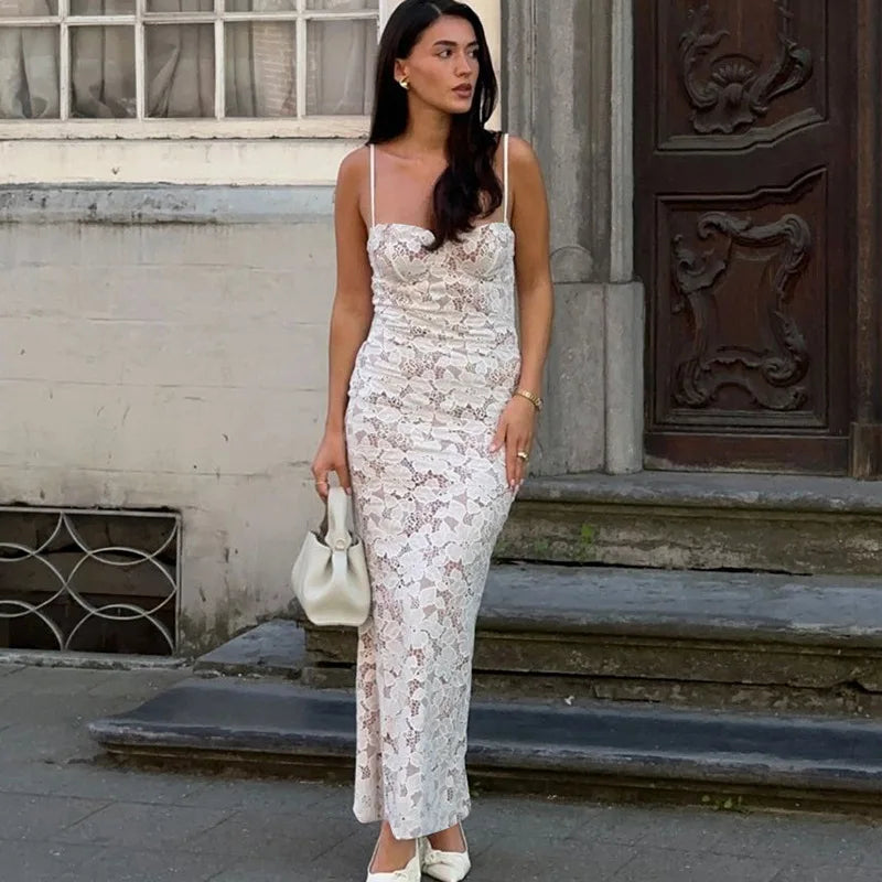 Tossy Spring Lace Printed Maxi Dress For Women Backless Fashion Patchwork High Waist Spaghetti Slim Dress Female Halter Dresses