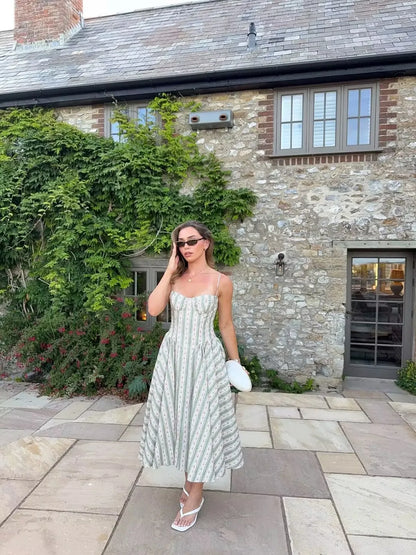 YENKYE Green Striped Floral Print Sexy Spaghetti Straps Dresses Women Elegant A-line Midi Vacation Party Dresses Summer Robe