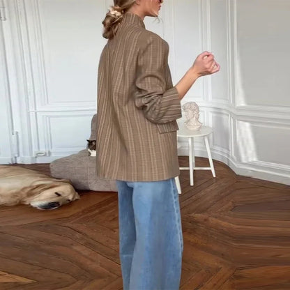 Vintage Plaid Women's Blazer Coat Stand Neck One Button Pocket Suit Jackets Fema
