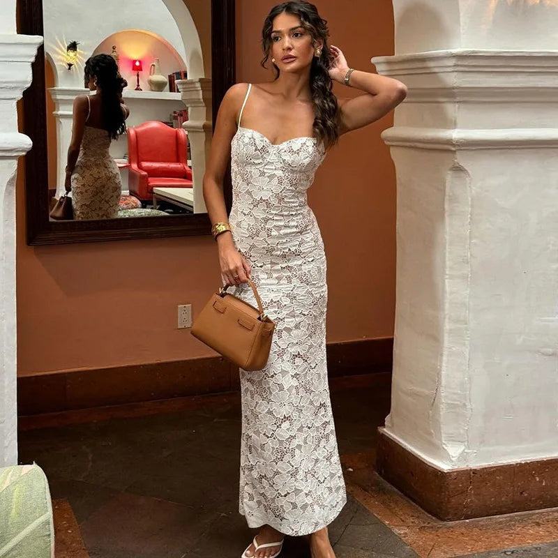 Tossy Spring Lace Printed Maxi Dress For Women Backless Fashion Patchwork High Waist Spaghetti Slim Dress Female Halter Dresses