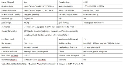 UPlee GQ8 Adult Electric Bike 750W Peak Motor 48V15AH electric scooter 14 Inch fat tire Full Shock Foldable with trunk e bike