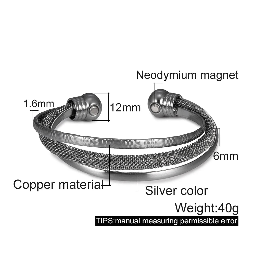 Pure Copper Bracelets for Women Silver Color Adjustable Cuff Magnetic Bangles Ar