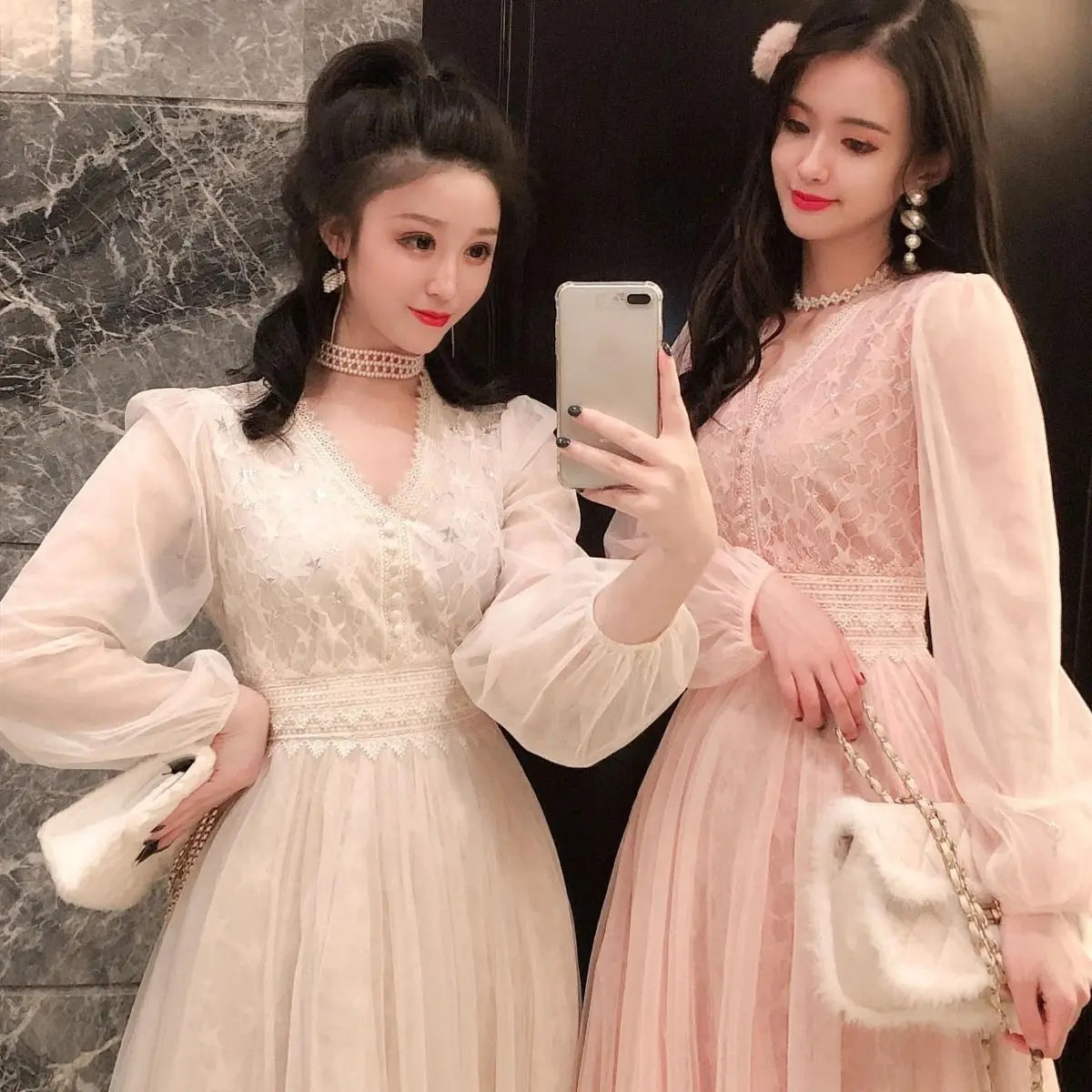 Autumn New Korean Edition Fairy Style Dress Women's Solid V-neck Button Gauze Lace Long Sleeves Wrap Waist Slim A-line Dresses